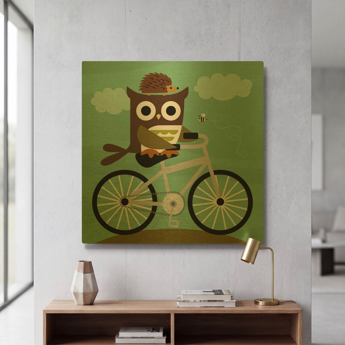'Owl and Hedgehog on Bicycle' By Nancy Lee Gold Metal Wall Art