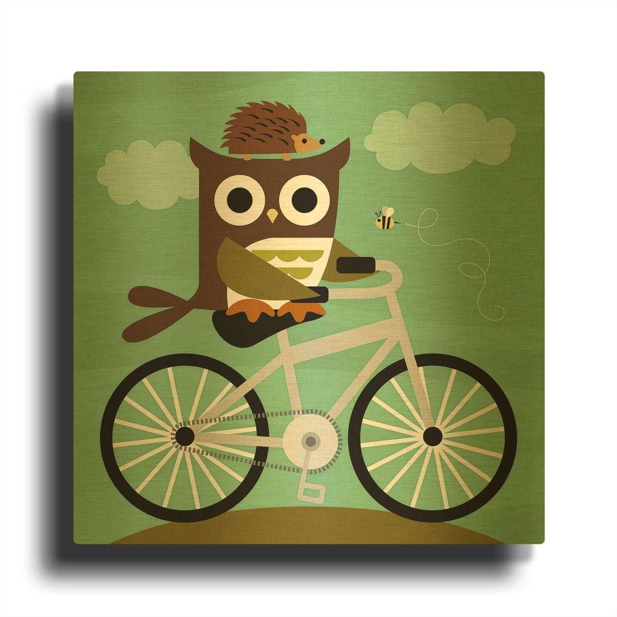 'Owl and Hedgehog on Bicycle' By Nancy Lee Gold Metal Wall Art