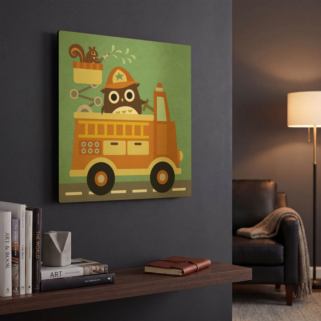 'Owl in Firetruck and Squirrel' By Nancy Lee Gold Metal Wall Art