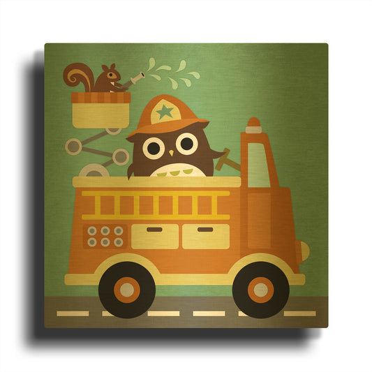 'Owl in Firetruck and Squirrel' By Nancy Lee Gold Metal Wall Art