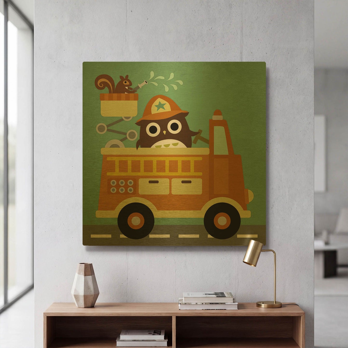 'Owl in Firetruck and Squirrel' By Nancy Lee Gold Metal Wall Art