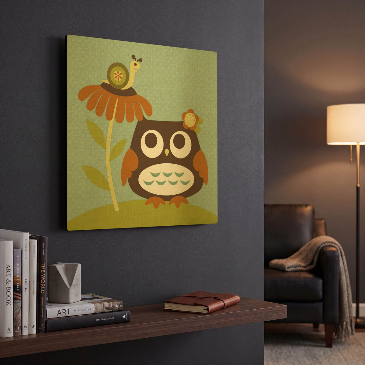 'Owl Looking at Snail' By Nancy Lee Gold Metal Wall Art