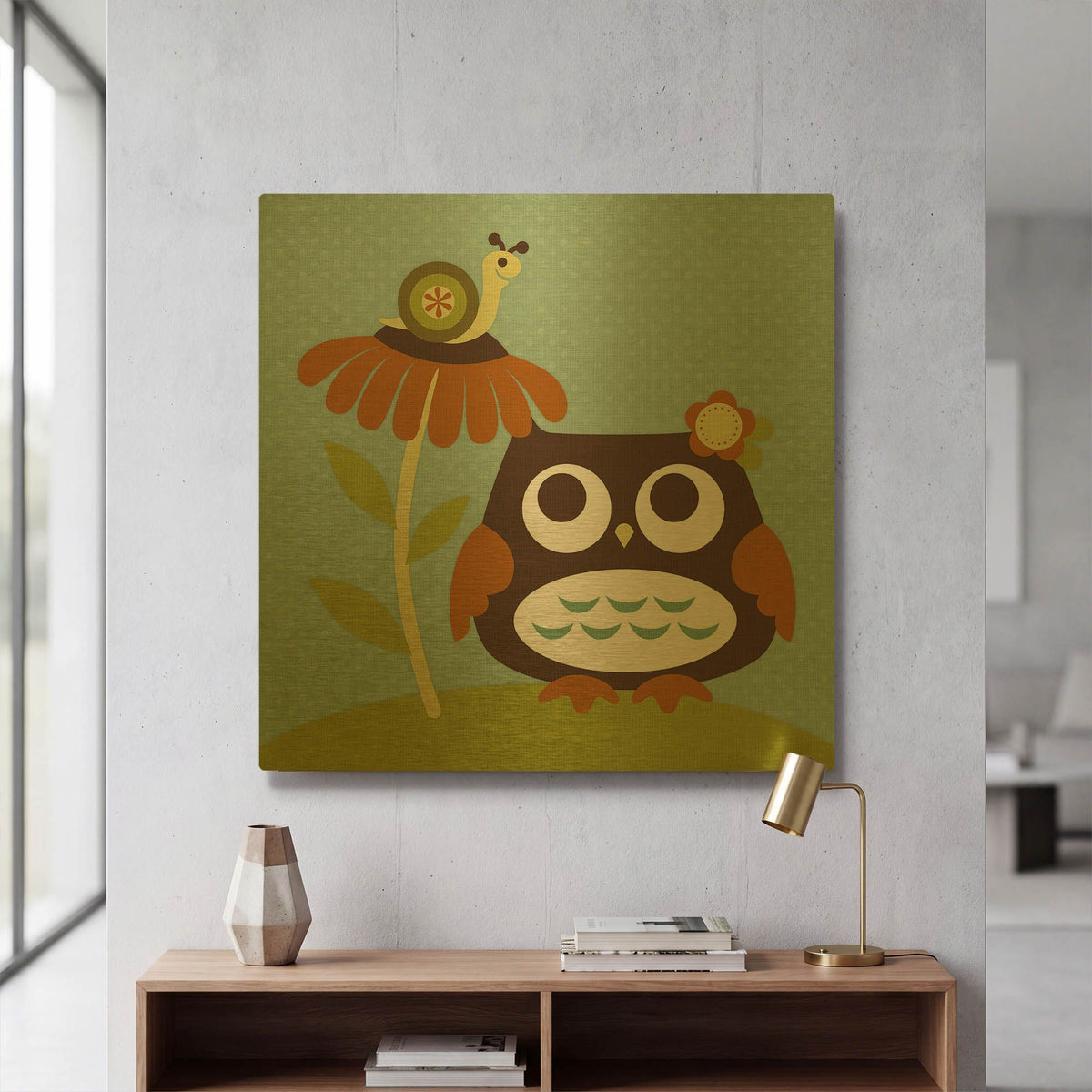 'Owl Looking at Snail' By Nancy Lee Gold Metal Wall Art