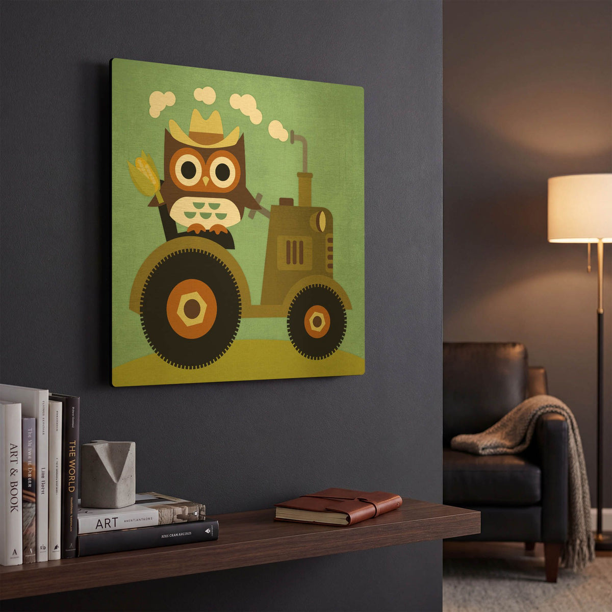 'Owl on Tractor' By Nancy Lee Gold Metal Wall Art