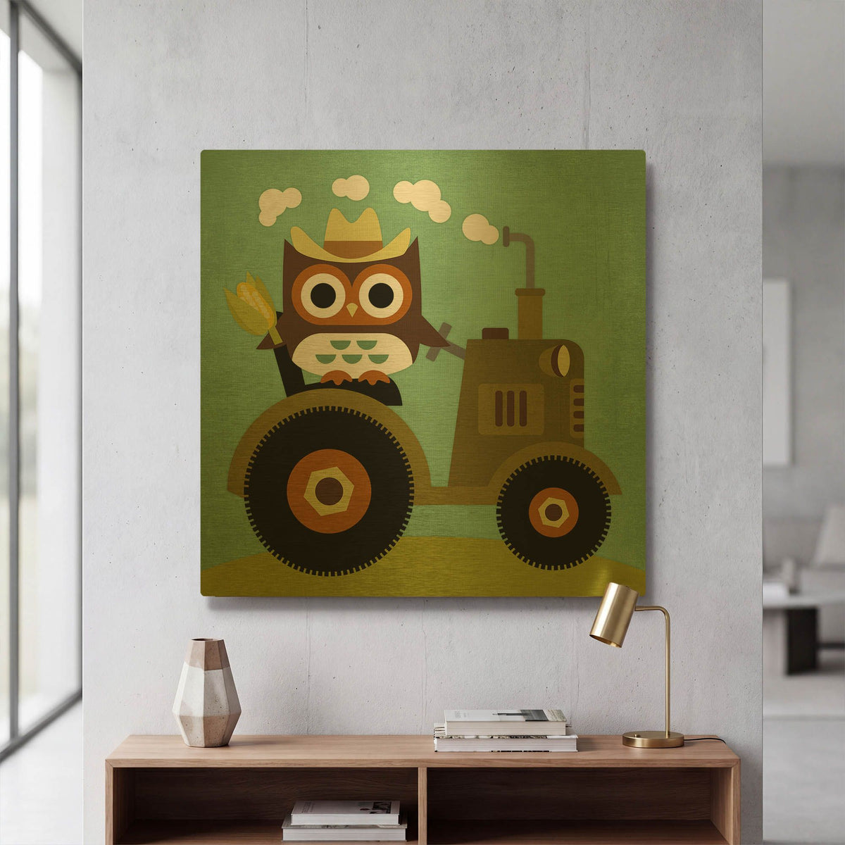 'Owl on Tractor' By Nancy Lee Gold Metal Wall Art
