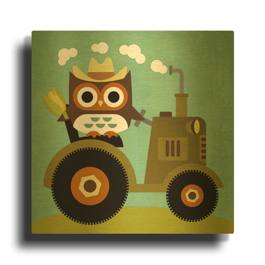 'Owl on Tractor' By Nancy Lee Gold Metal Wall Art