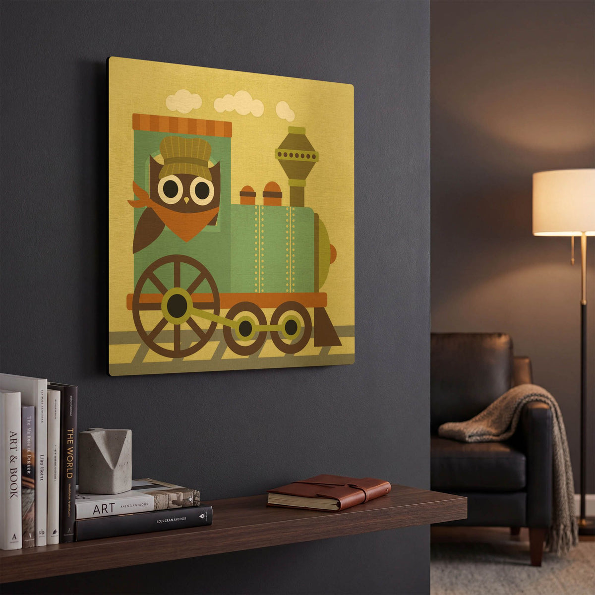 'Owl Train Conductor' By Nancy Lee Gold Metal Wall Art