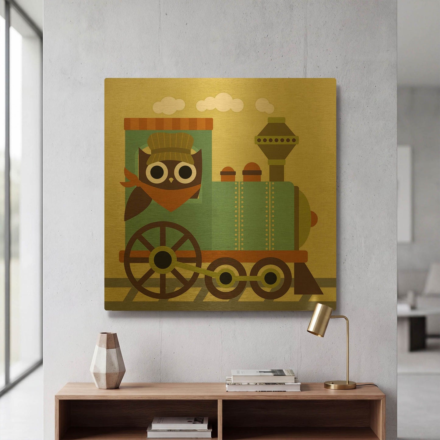 'Owl Train Conductor' By Nancy Lee Gold Metal Wall Art