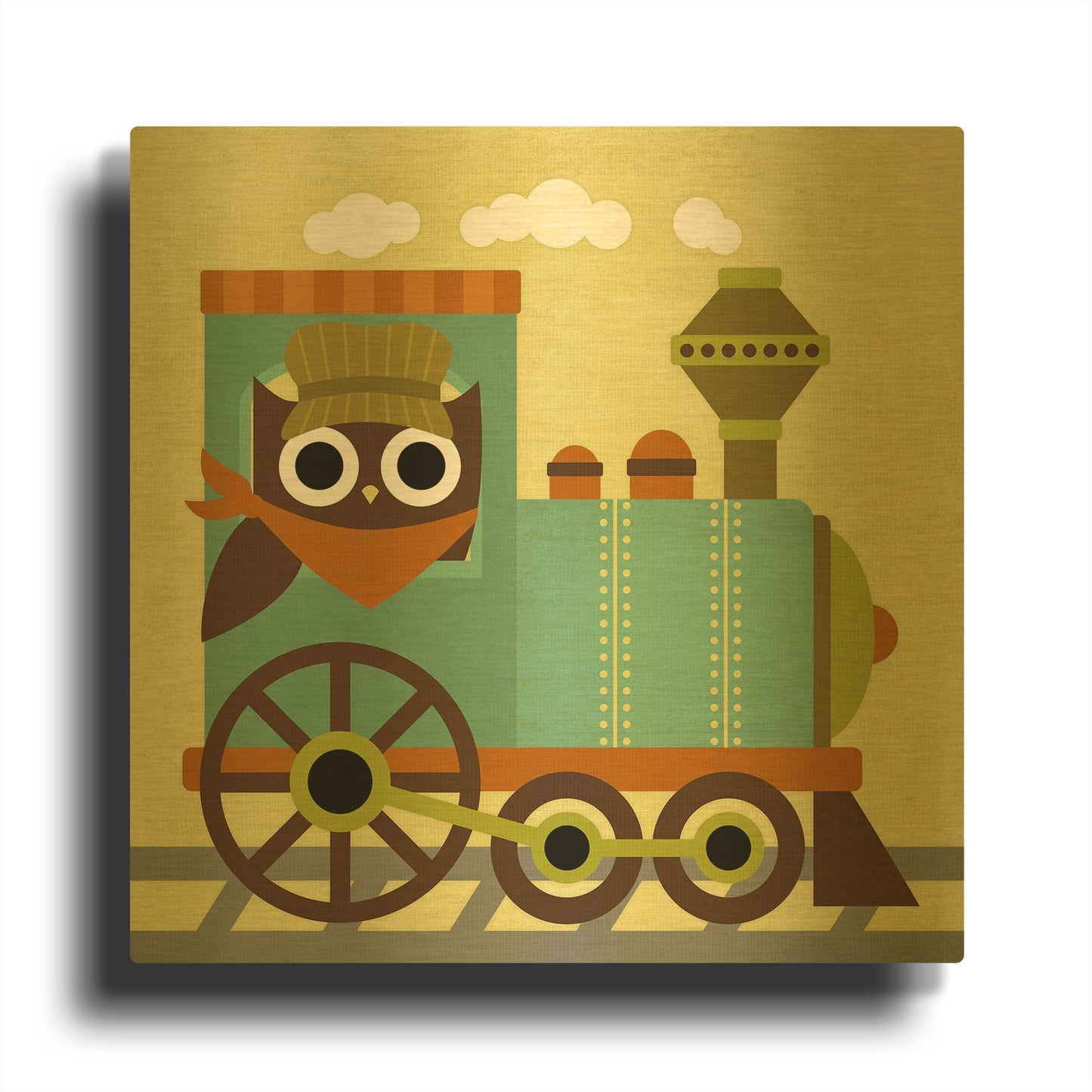 'Owl Train Conductor' By Nancy Lee Gold Metal Wall Art