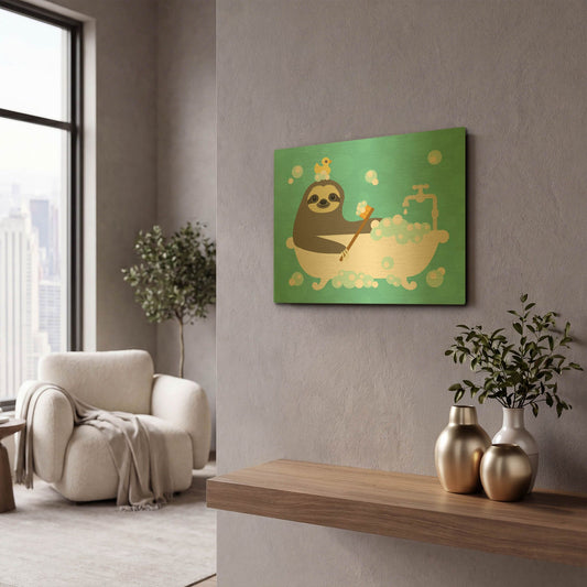 'Scrubbing Sloth' By Nancy Lee Gold Metal Wall Art