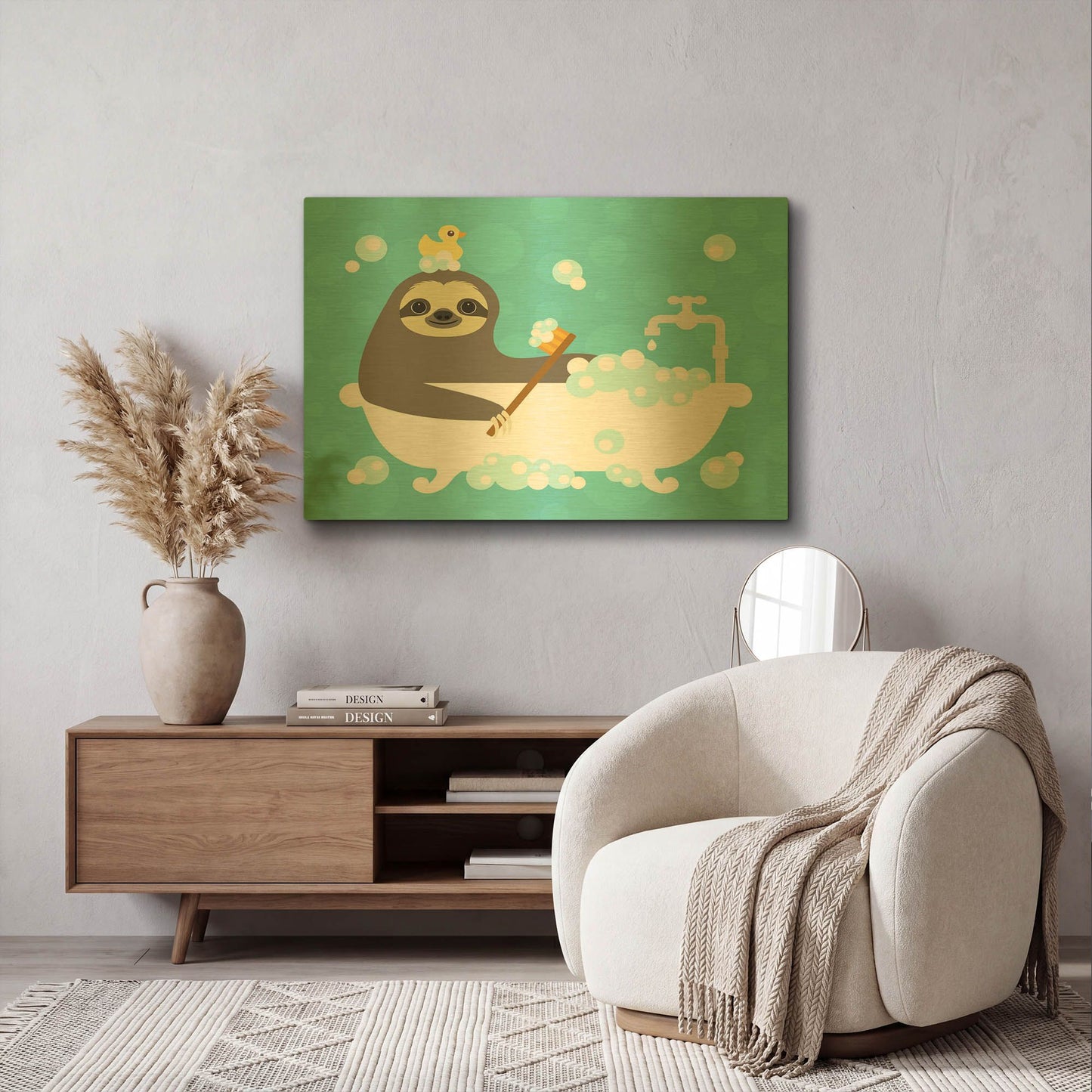 'Scrubbing Sloth' By Nancy Lee Gold Metal Wall Art