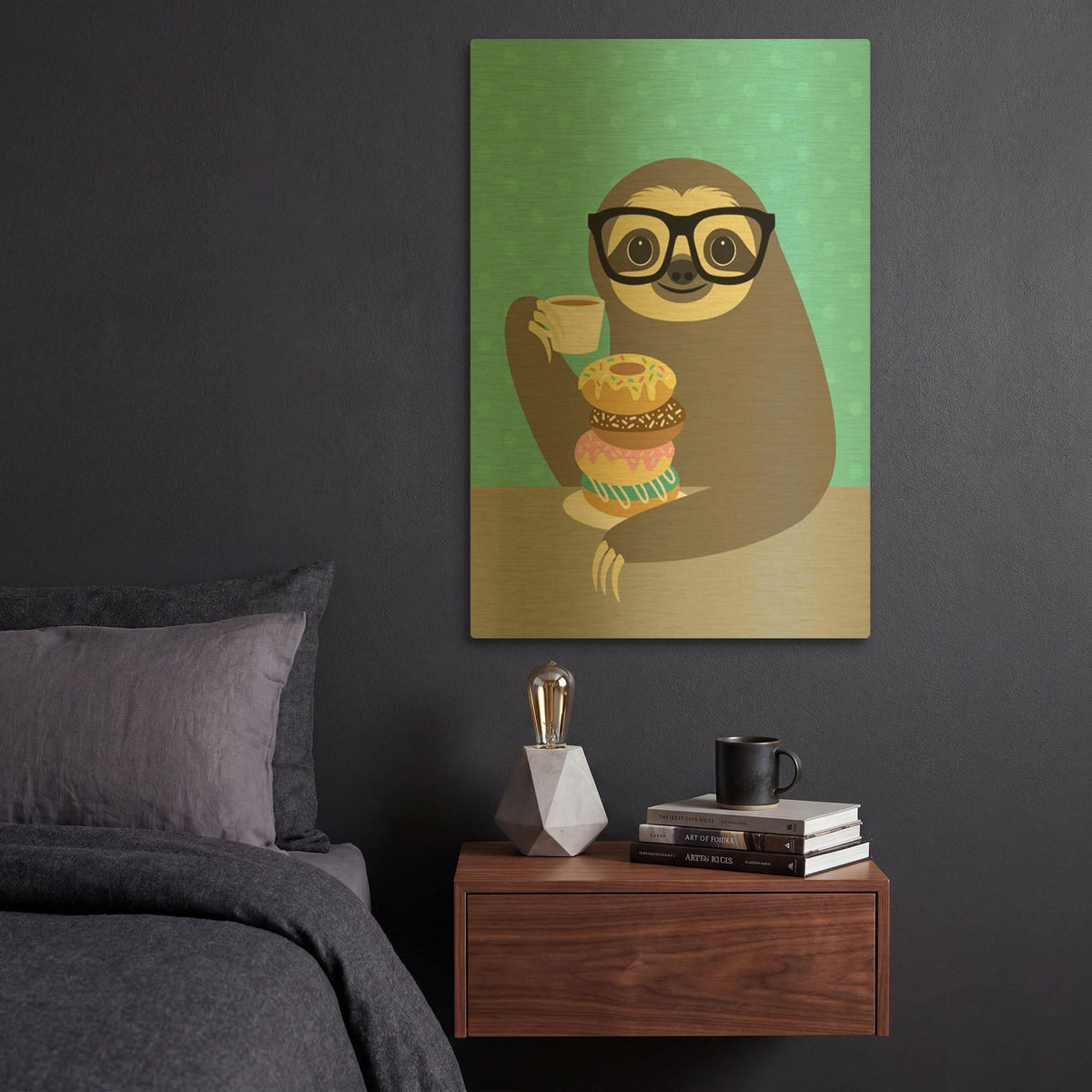 'Snacking Sloth' By Nancy Lee Gold Metal Wall Art