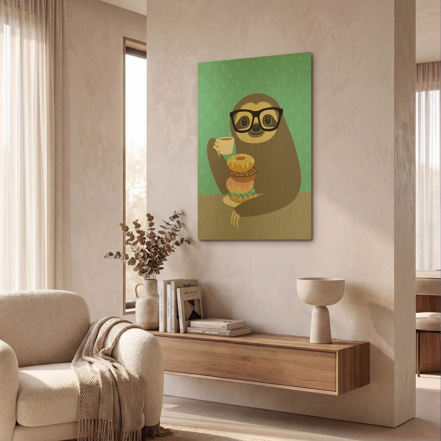 'Snacking Sloth' By Nancy Lee Gold Metal Wall Art