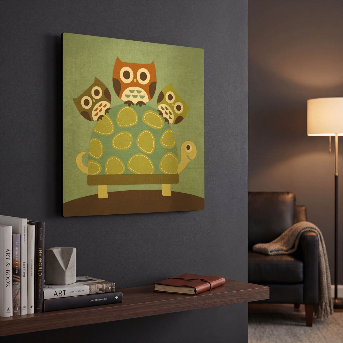 'Three Owls on Turtle' By Nancy Lee Gold Metal Wall Art
