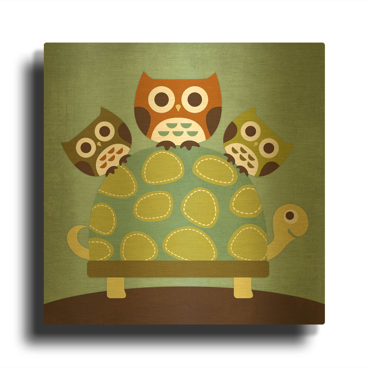 'Three Owls on Turtle' By Nancy Lee Gold Metal Wall Art