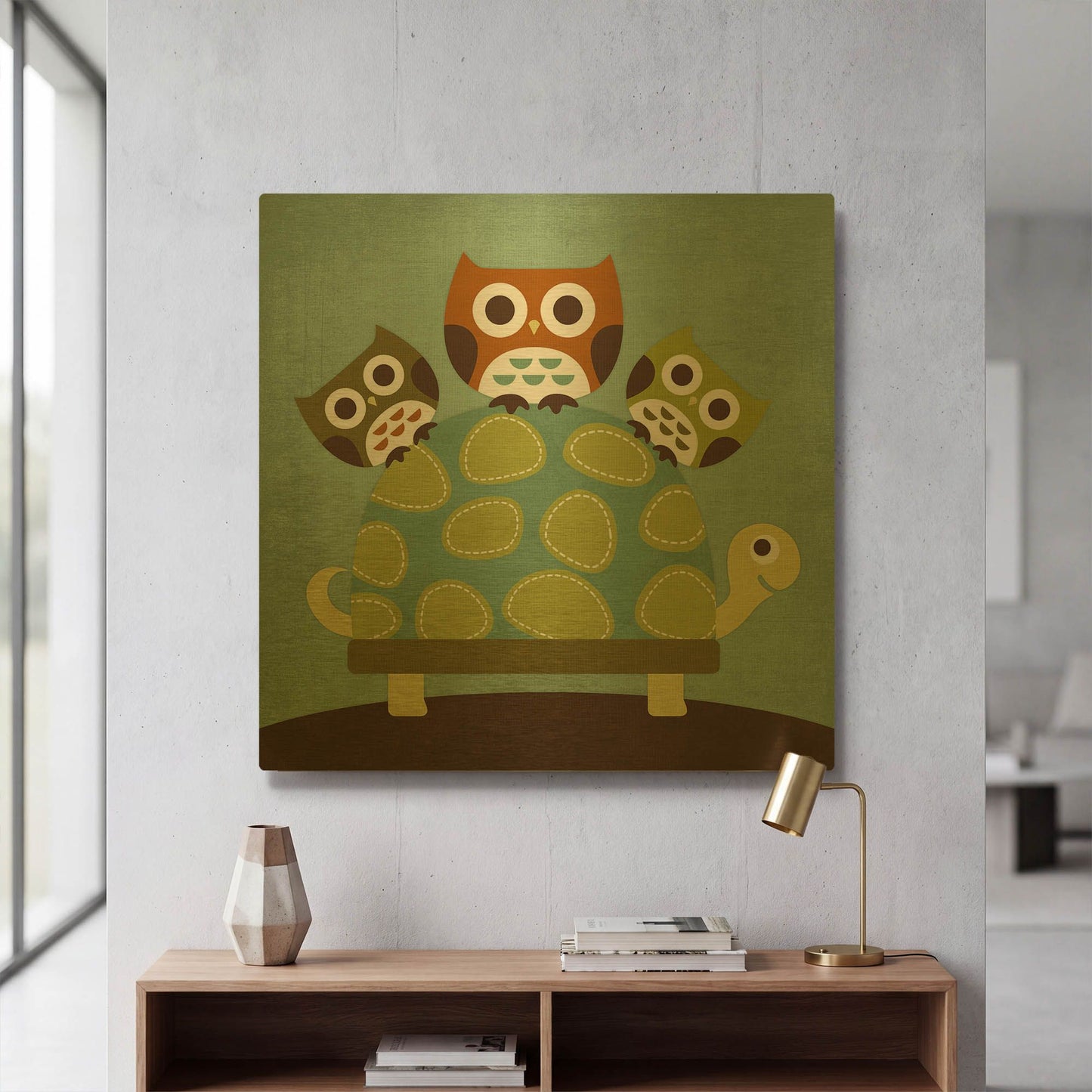 'Three Owls on Turtle' By Nancy Lee Gold Metal Wall Art