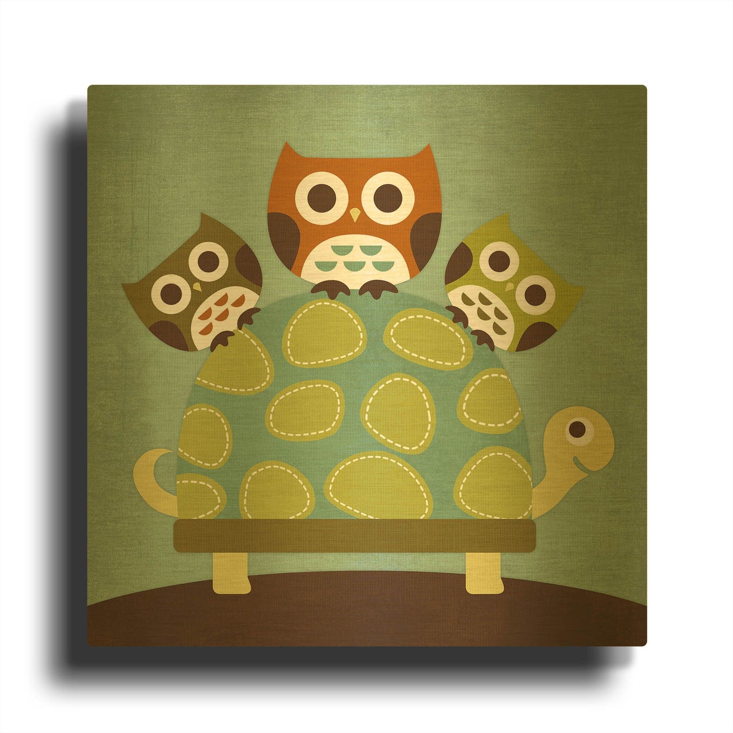 'Three Owls on Turtle' By Nancy Lee Gold Metal Wall Art
