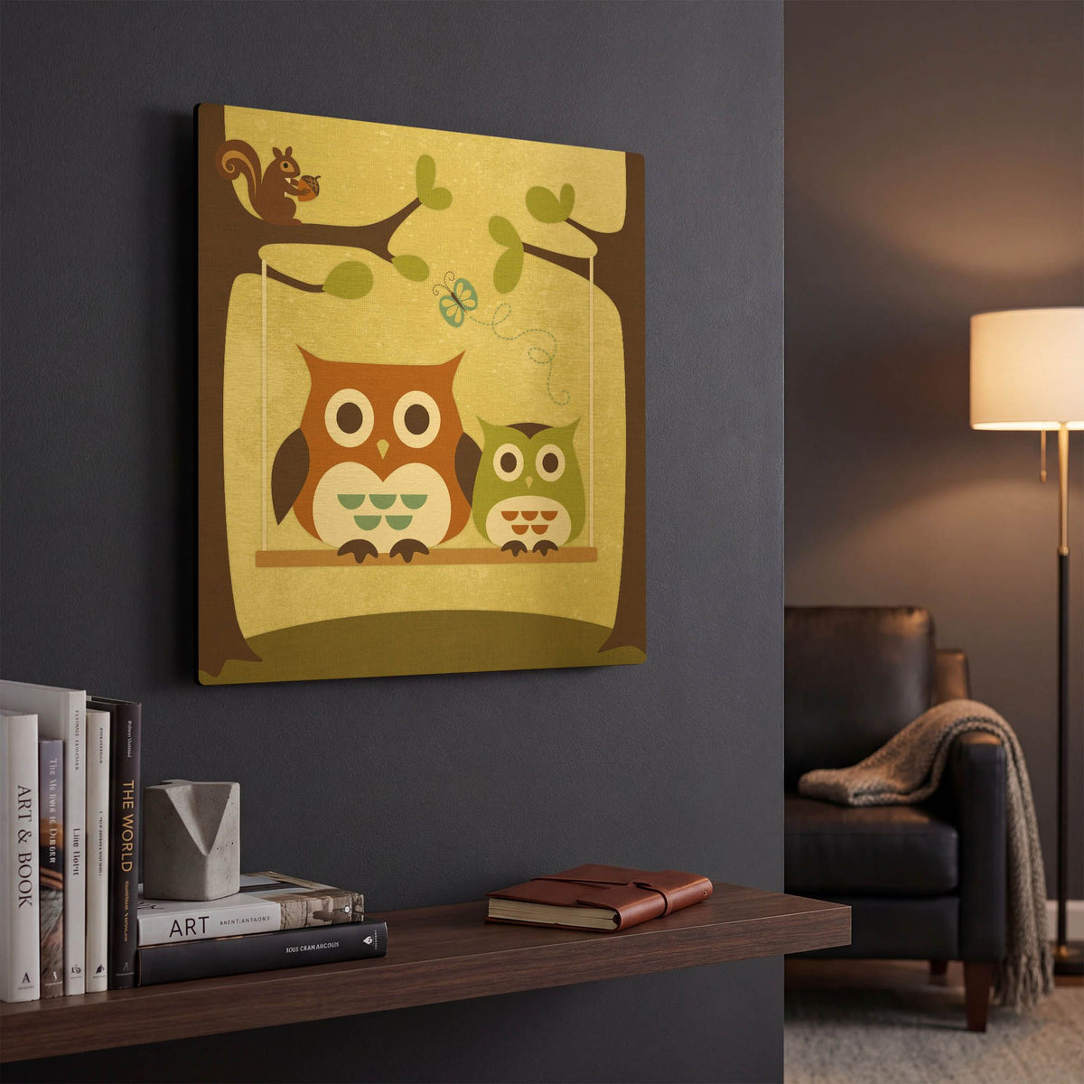 'Two Owls on Swing' By Nancy Lee Gold Metal Wall Art