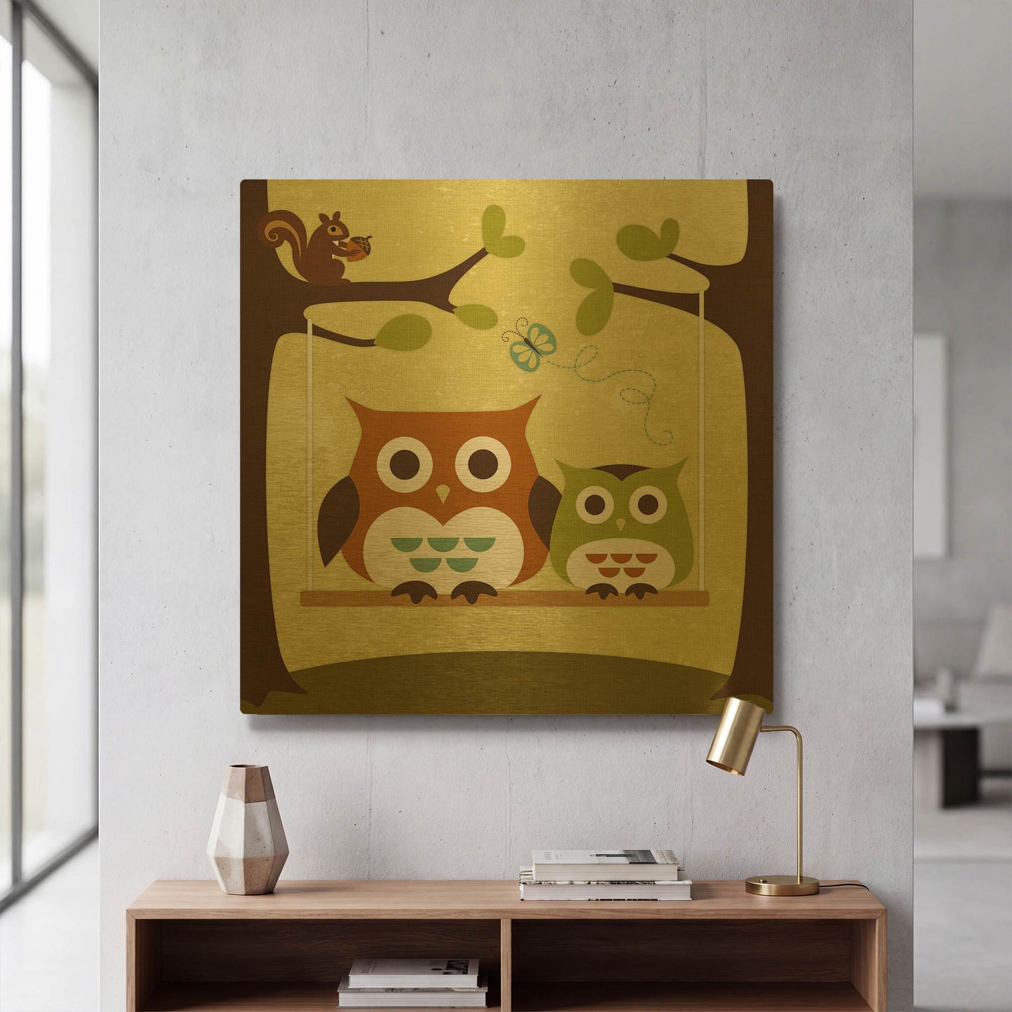 'Two Owls on Swing' By Nancy Lee Gold Metal Wall Art