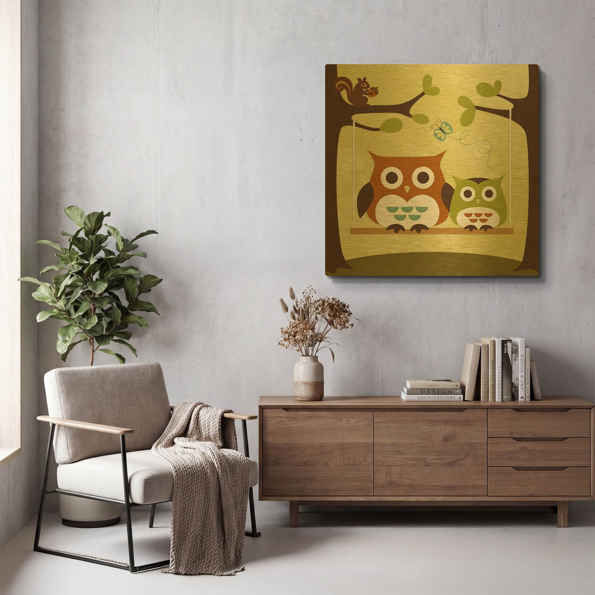'Two Owls on Swing' By Nancy Lee Gold Metal Wall Art