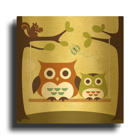 'Two Owls on Swing' By Nancy Lee Gold Metal Wall Art