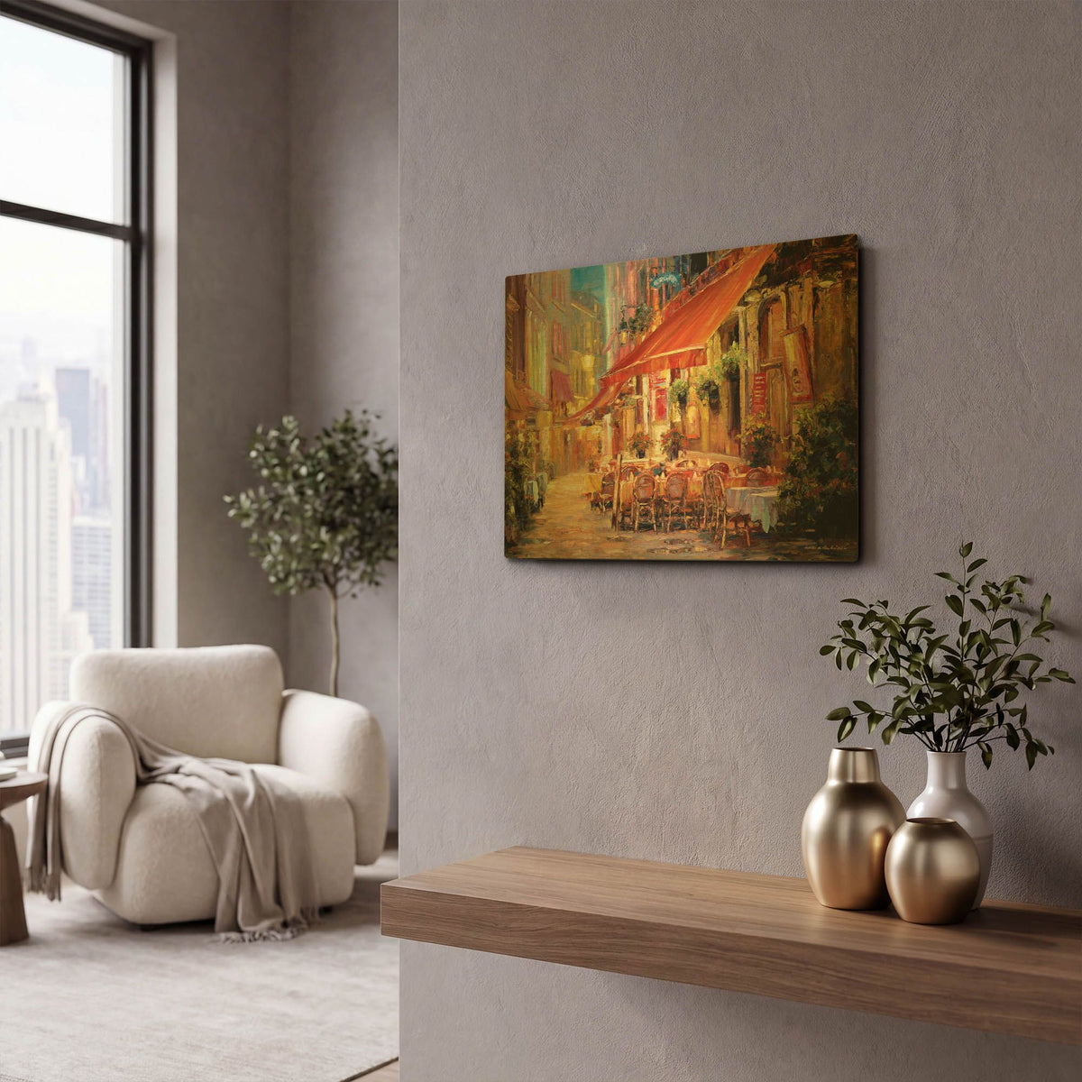 'Café in Light' By Haixia Liu Gold Metal Wall Art