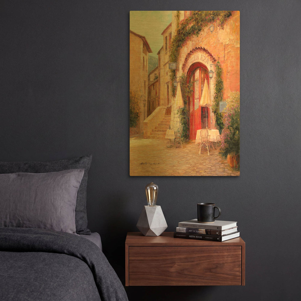 'Eze Village Café France' By Haixia Liu Gold Metal Wall Art