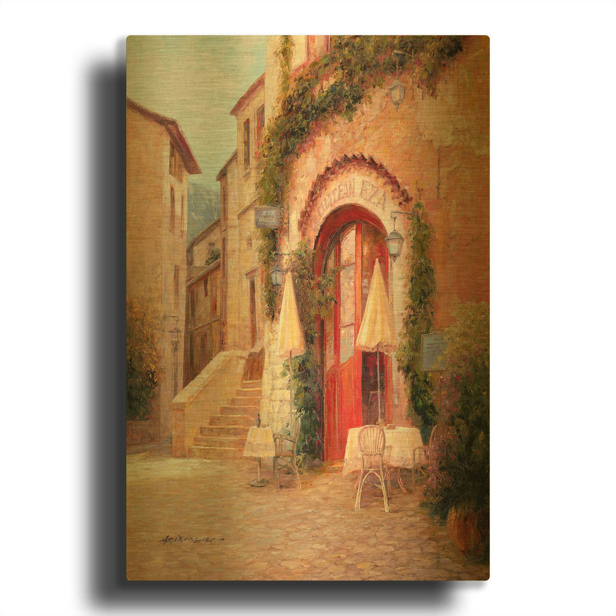 'Eze Village Café France' By Haixia Liu Gold Metal Wall Art