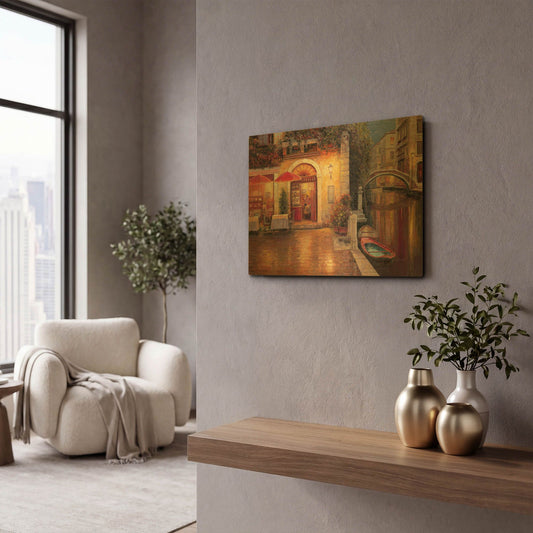 'Night Café after Rain' By Haixia Liu Gold Metal Wall Art
