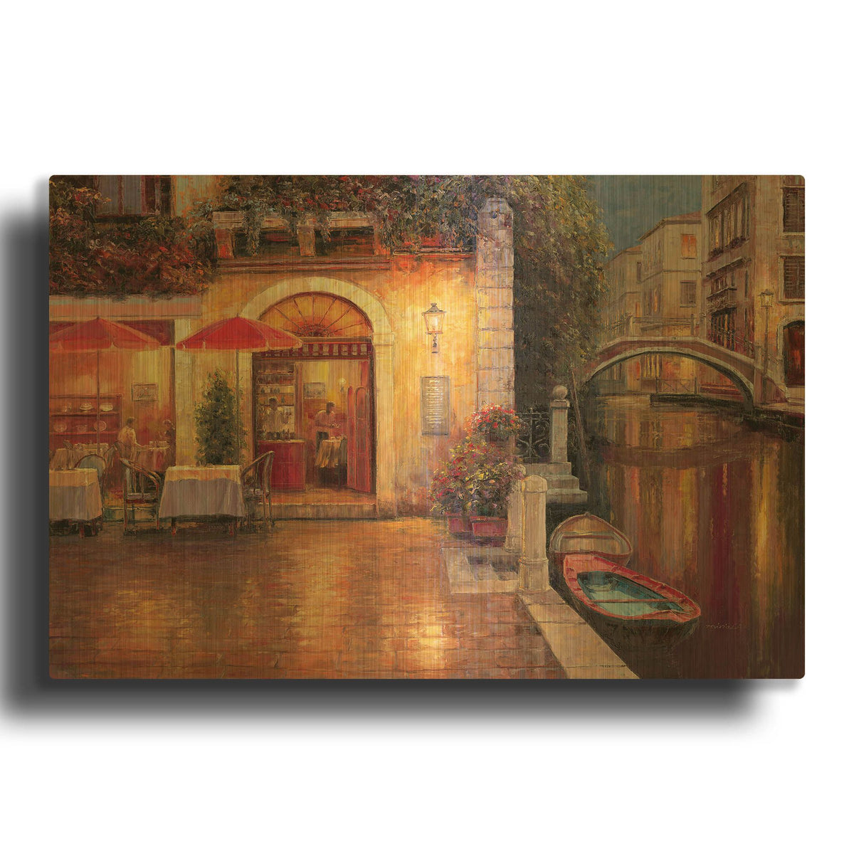 'Night Café after Rain' By Haixia Liu Gold Metal Wall Art