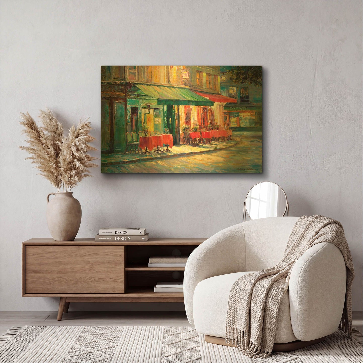 'Red & Green Café' By Haixia Liu Gold Metal Wall Art