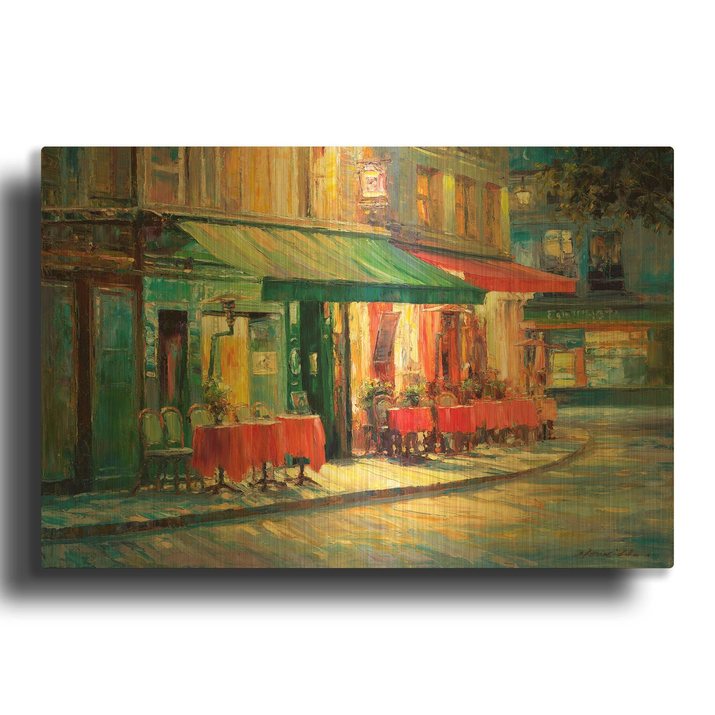 'Red & Green Café' By Haixia Liu Gold Metal Wall Art