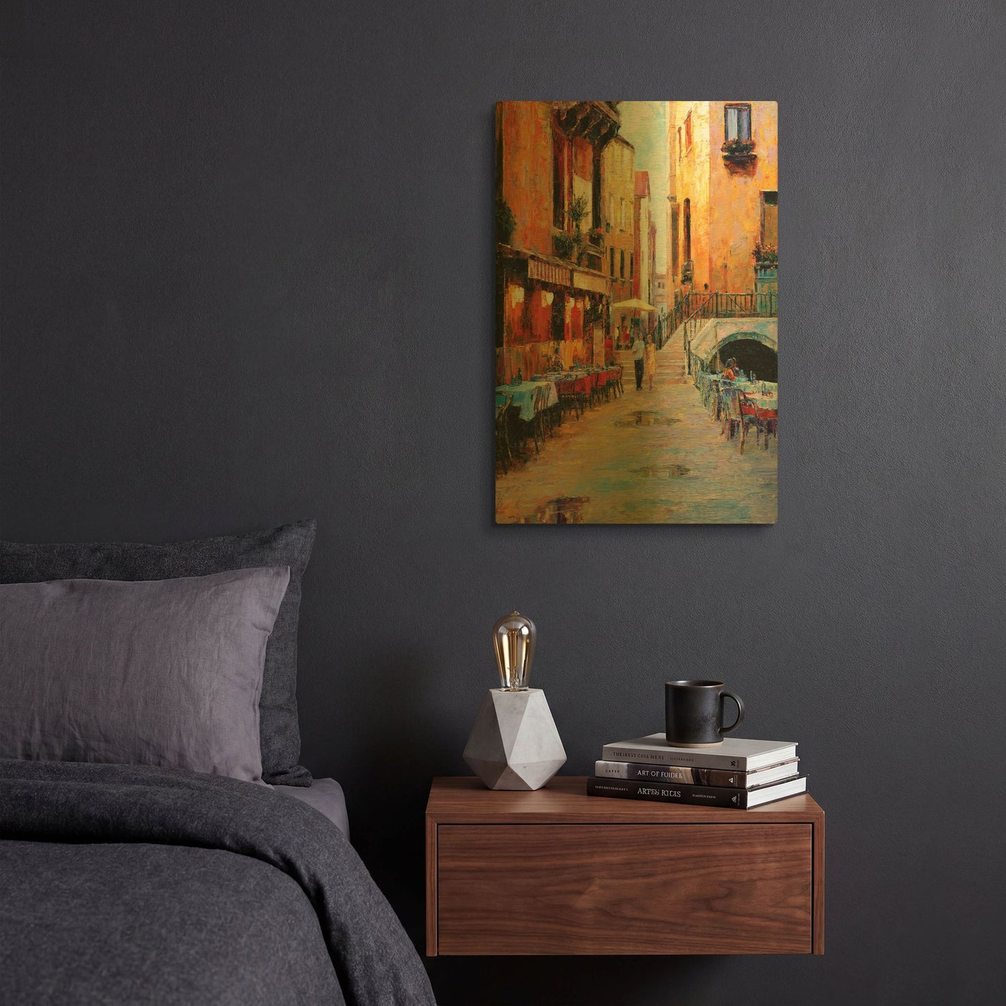 'Street Café after Rain' By Haixia Liu Gold Metal Wall Art