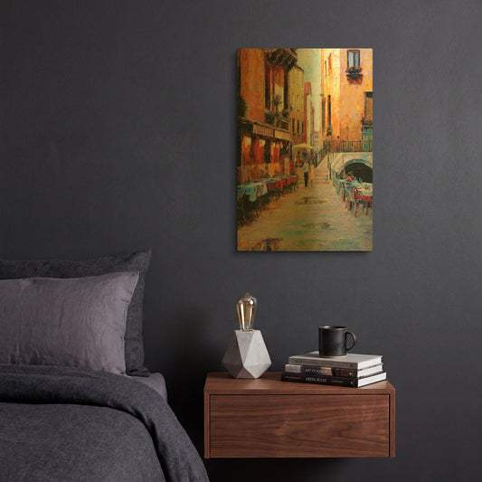 'Street Café after Rain' By Haixia Liu Gold Metal Wall Art