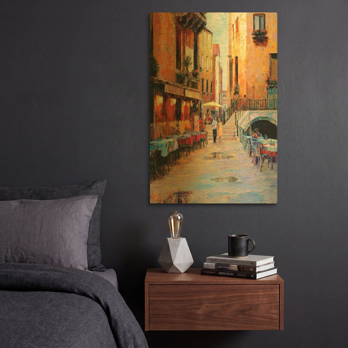 'Street Café after Rain' By Haixia Liu Gold Metal Wall Art
