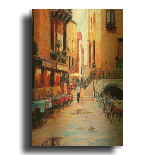 'Street Café after Rain' By Haixia Liu Gold Metal Wall Art