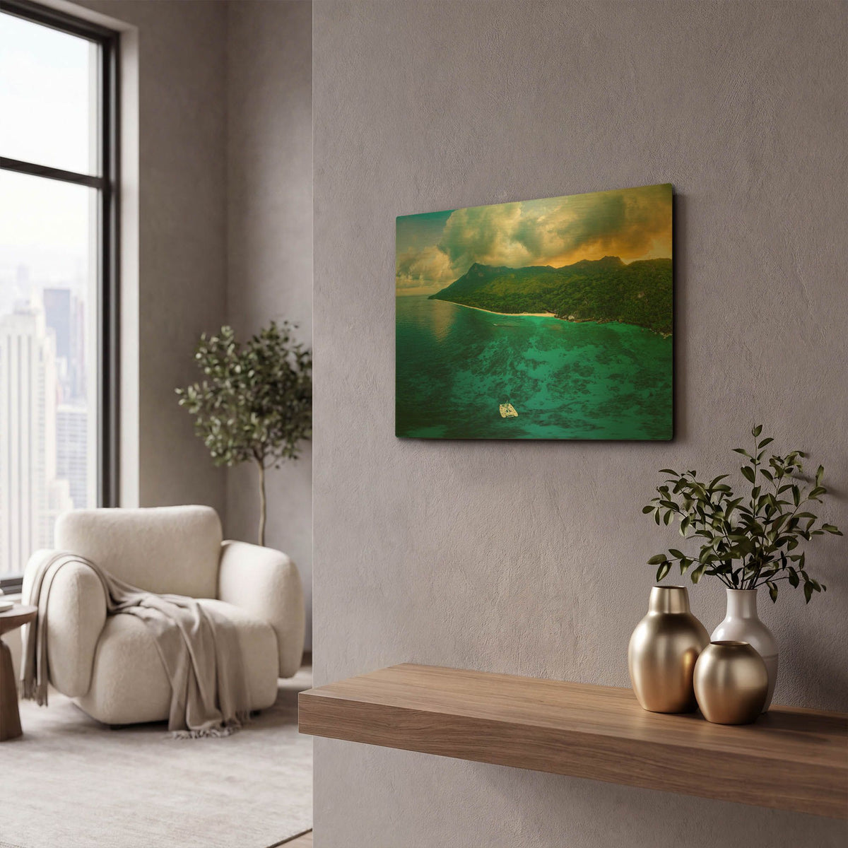 'Seychelles - Siloutte Island Crop' By AKG Gold Metal Wall Art