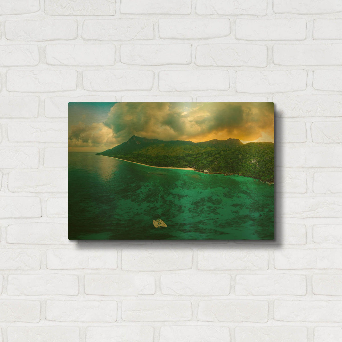 'Seychelles - Siloutte Island Crop' By AKG Gold Metal Wall Art