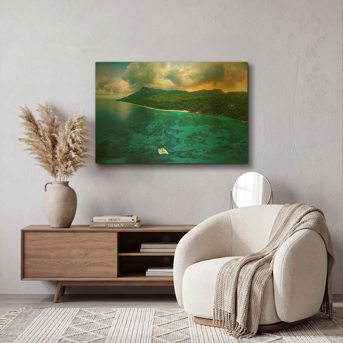 'Seychelles - Siloutte Island Crop' By AKG Gold Metal Wall Art