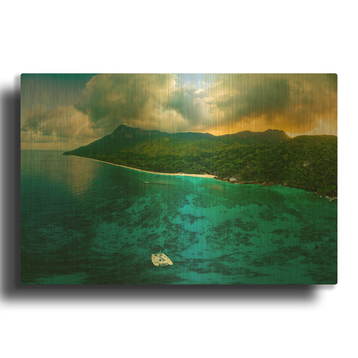 'Seychelles - Siloutte Island Crop' By AKG Gold Metal Wall Art