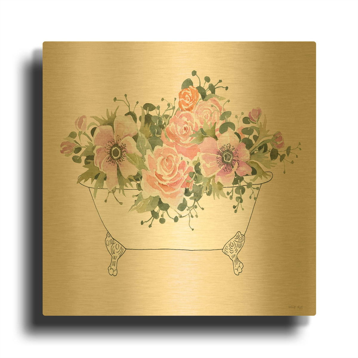 'Pink Floral Bath Tub I' By Cindy Jacobs Gold Metal Wall Art