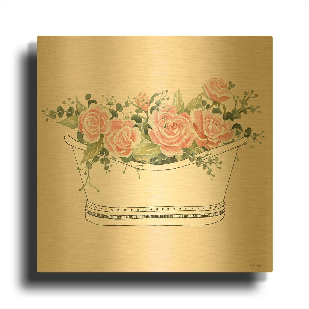'Pink Floral Bath Tub II' By Cindy Jacobs Gold Metal Wall Art