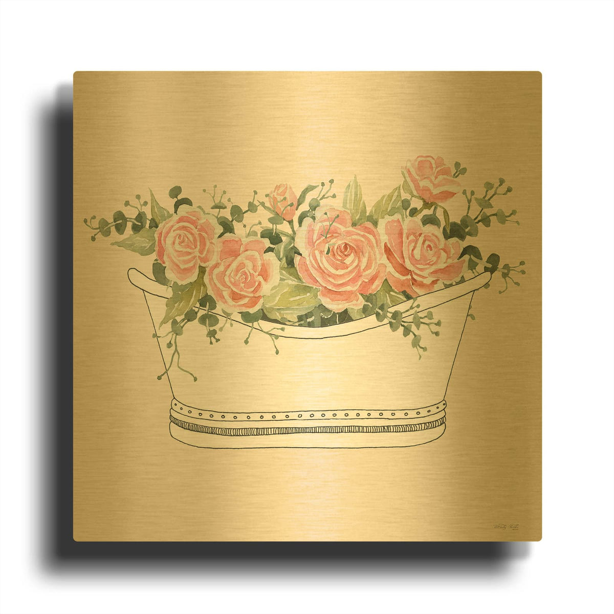 'Pink Floral Bath Tub II' By Cindy Jacobs Gold Metal Wall Art