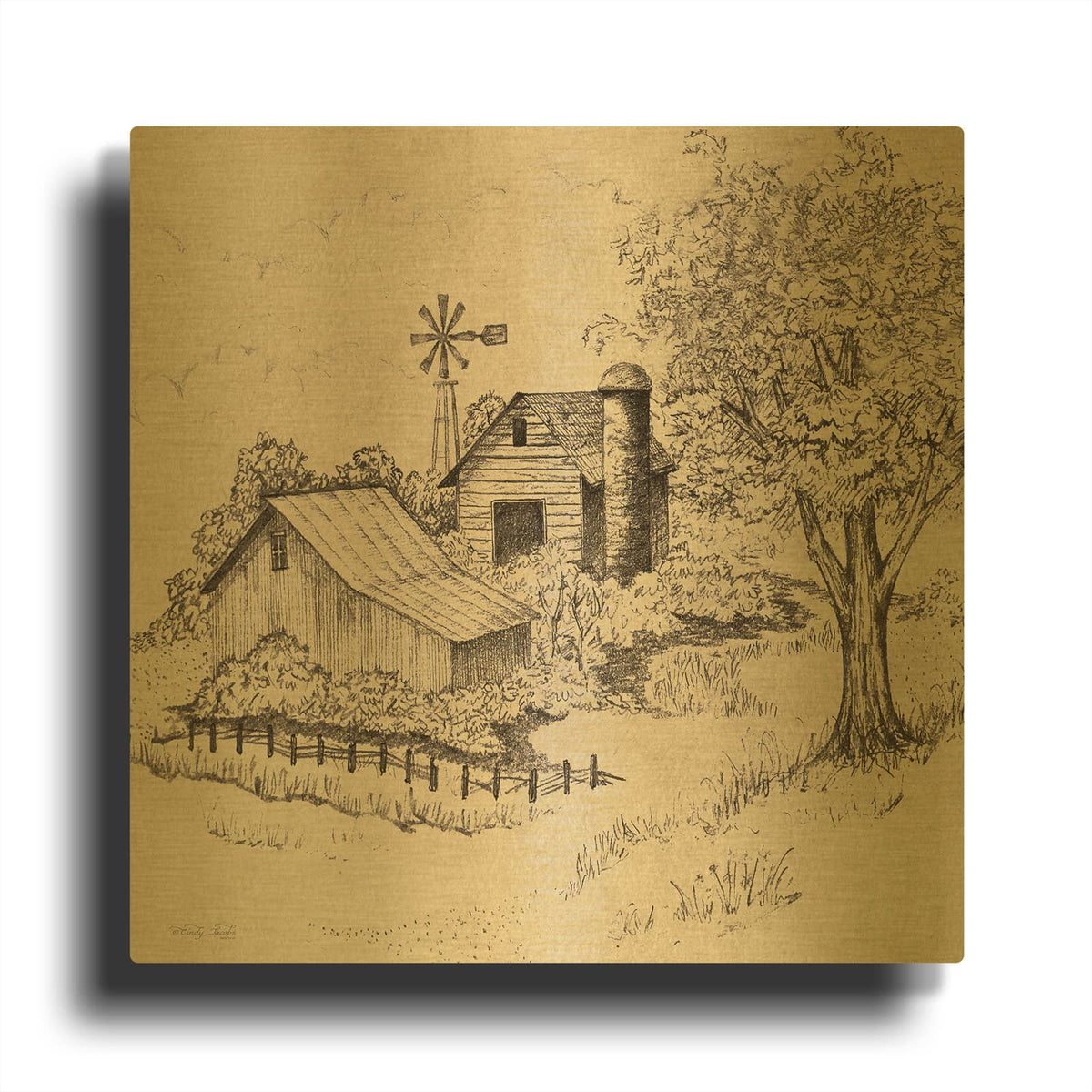 'Yesteryear On The Farm' By Cindy Jacobs Gold Metal Wall Art