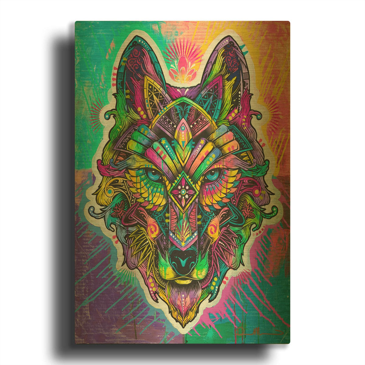 'Wolf Shaman' By Dean Russo Gold Metal Wall Art