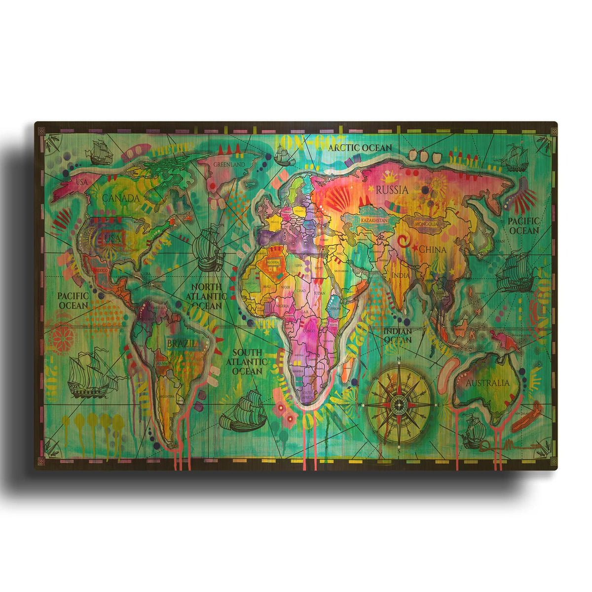 'World Map' By Dean Russo Gold Metal Wall Art