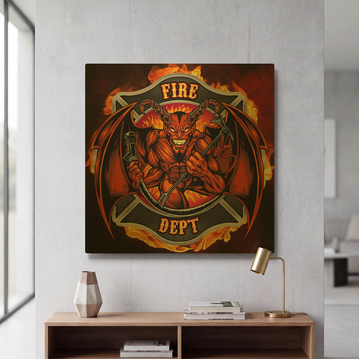 'Devil Fire Department Logo' By Flyland Designs Gold Metal Wall Art