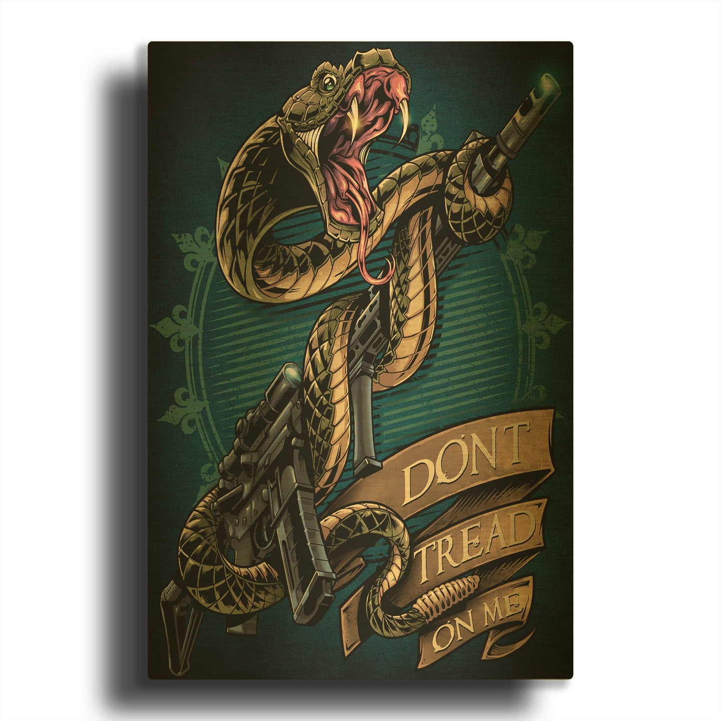 'Snake and Rifle T-Shirt Template' By Flyland Designs Gold Metal Wall Art