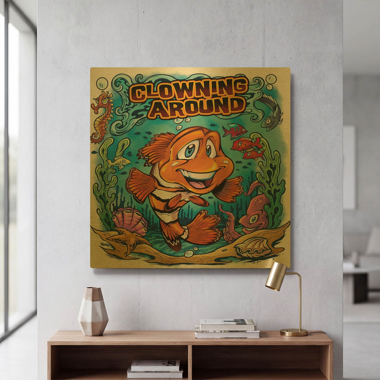'Clown Fish Underwater Scene' By Flyland Designs Gold Metal Wall Art