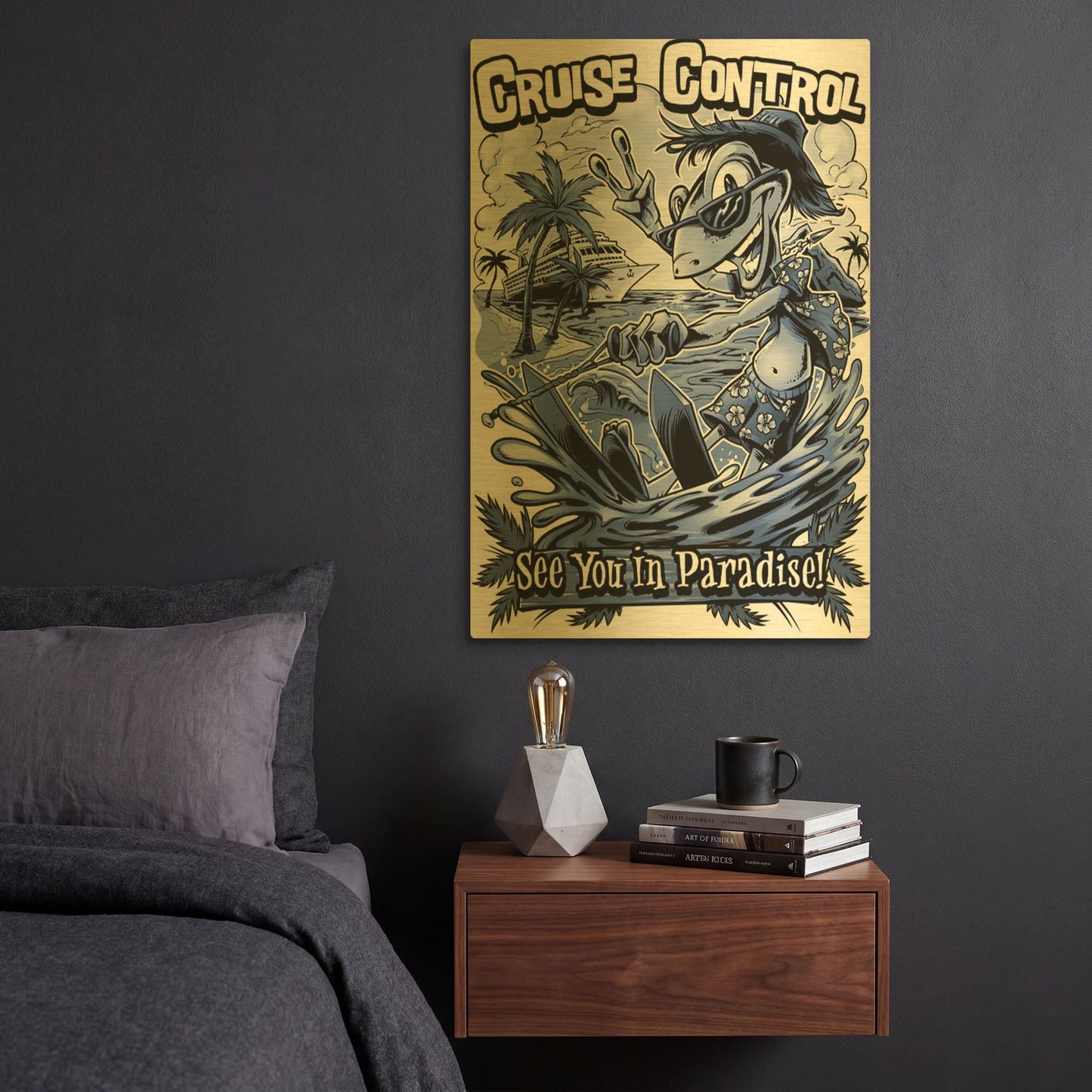 'Gecko Water Skiing' By Flyland Designs Gold Metal Wall Art
